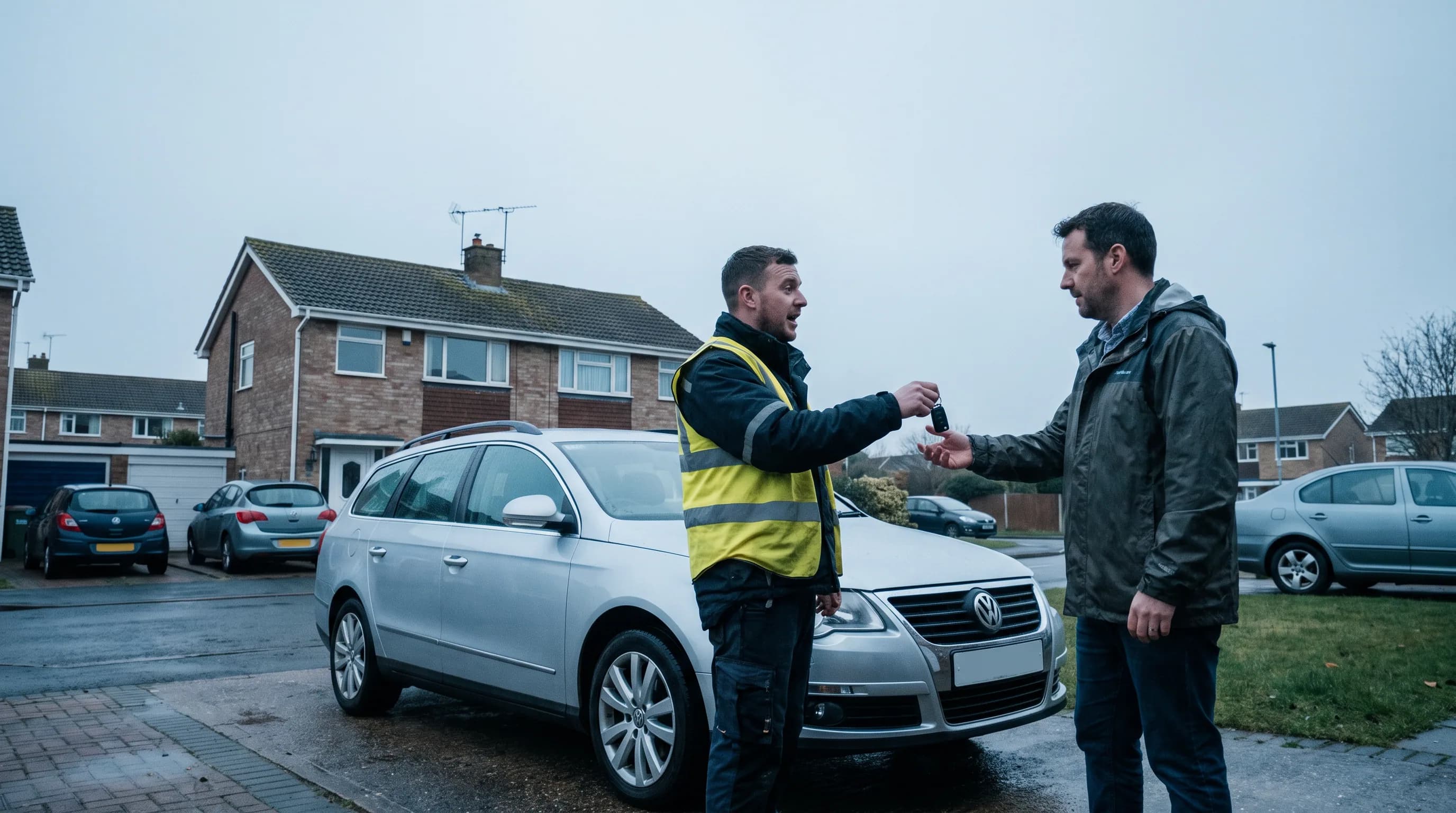 Vehicle handover at a customer's home: a delivery driver hands over the car keys in a driveway.